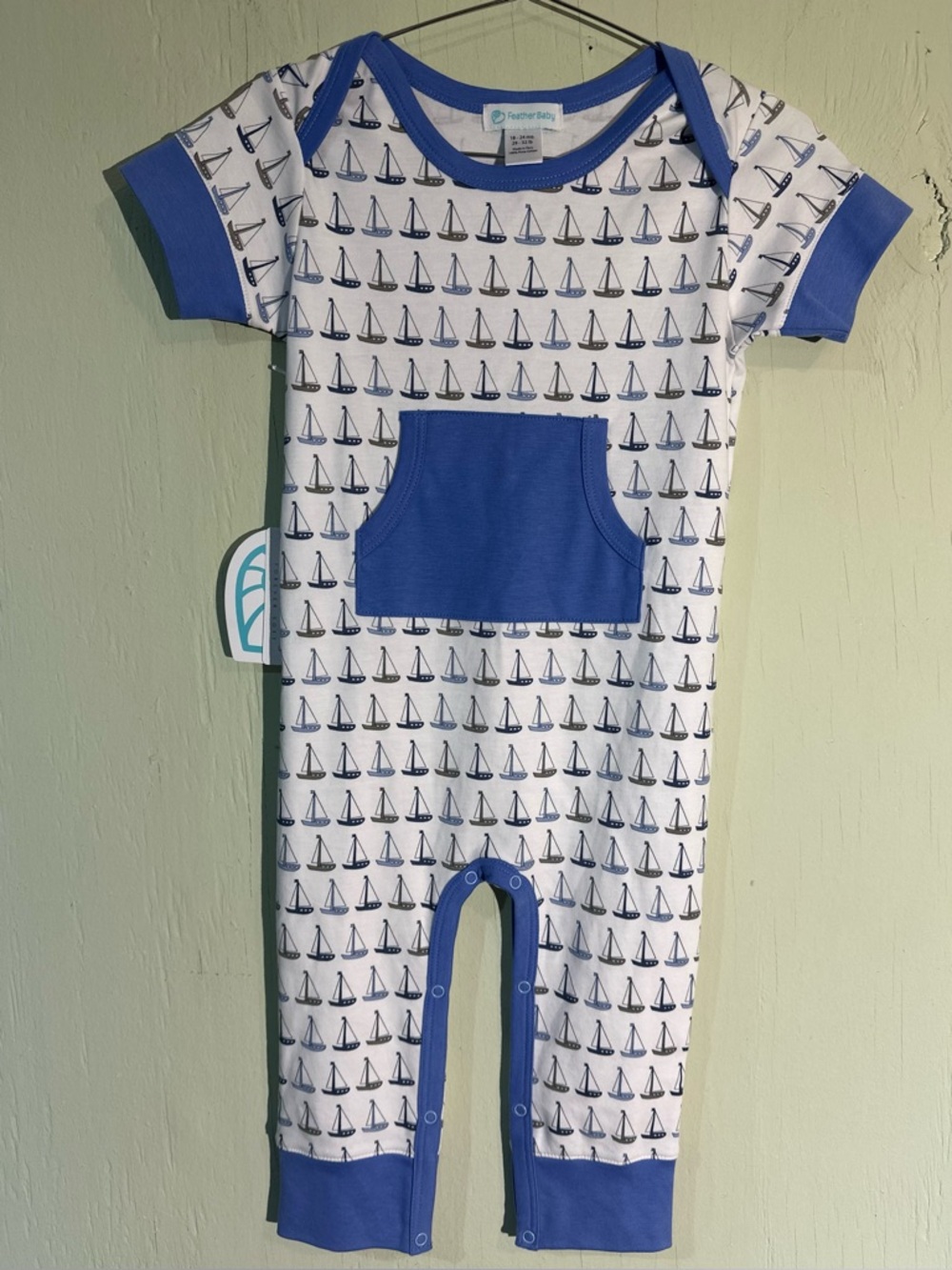 NWT Feather baby pima cotton kangaroo romper sailboats size 18-24 months